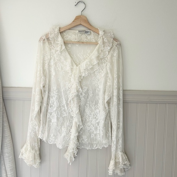 Newport News Tops - Newport News 1X Sheer Ivory Floral Lace Ruffle Blouse